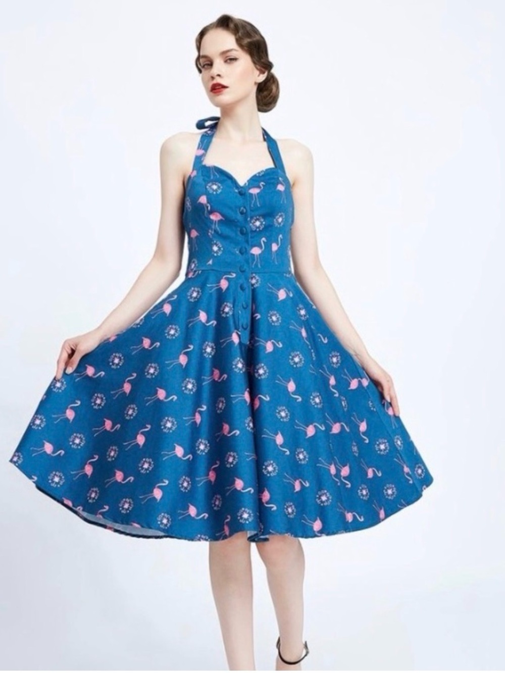 Miss Lulo Nova Flamingo Halter Dress Fit & Flare Size Large Blue Pink pinup